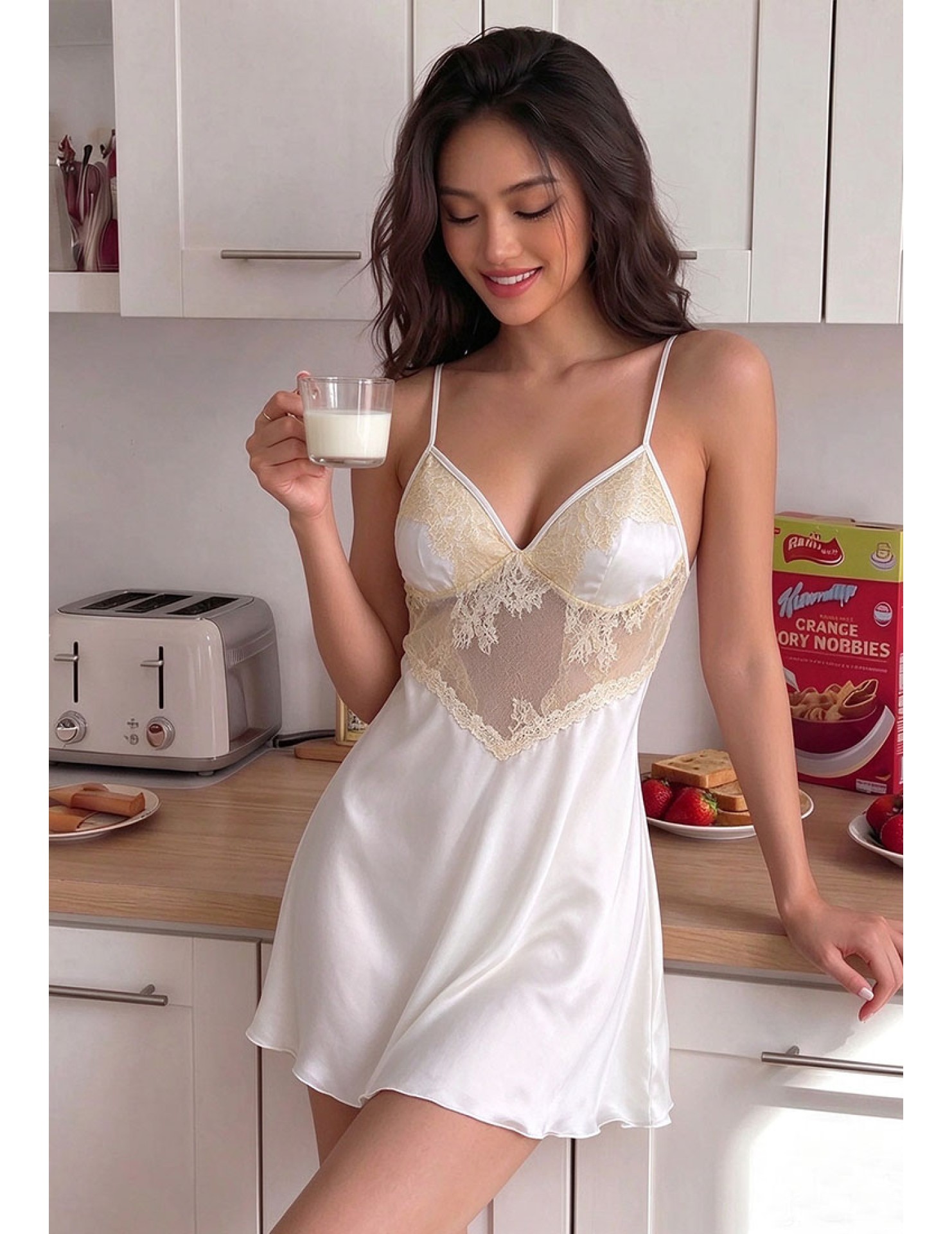 SGSS61005002 Fashionable lace-trimmed loungewear, simulated ribbon camisole bodysuit, thin ice silk summer nightgown