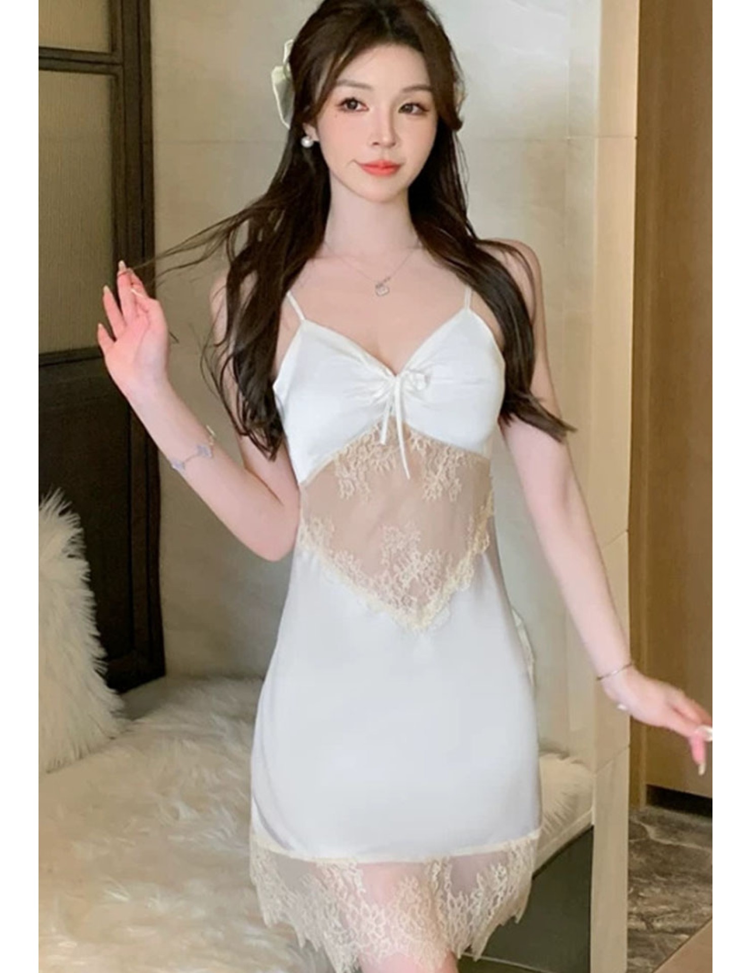 SGSS61005003 French-style sexy backless camisole nightgown for women, summer high-end lace ice silk sweet nightgown